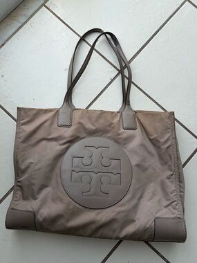 Tory Burch Nylon Tote with Leather Trim in Taupe